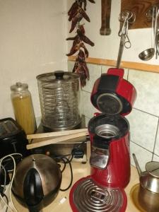 a red blender sitting on top of a kitchen counter at Ruhig und spartanisch Wohnen im Denkmal in Lichtenwalde