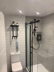 a bathroom with a shower with a toilet and a glass shower at By Lushlets - Hen, Stag, Rugby, & Group Accommodation caters for 60 plus guests ask! in Cardiff +34 photos