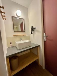 y baño con lavabo y espejo. en Le Grand Loup, appartement neuf avec bain nordique, en Gerbépal