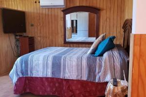 1 dormitorio con 1 cama con espejo y TV en Cabaña en Pirque