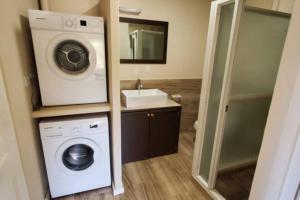 a bathroom with a washing machine and a sink at 2BR apt near restaurant, beach, nightlife & convenience store in Lance aux Épines