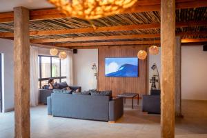 a living room with two couches and a tv at Las Golondrinas Mar del Plata in Mar del Plata