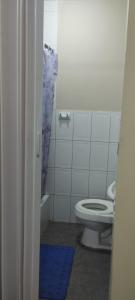 萬查科的住宿－Departamento Huanchaco，一间带卫生间和蓝色地毯的浴室