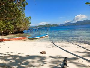 two boats sitting on the shore of a beach at I&D Home Stay Raja Ampat in Yennanas Besir