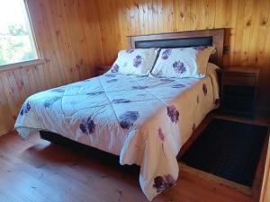 1 dormitorio con 1 cama en una habitación de madera en cabañas los maites, en Chonchi