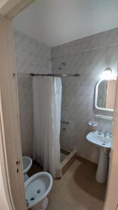 a bathroom with a toilet and a sink and a shower at Departamento Plaza Colon in Mar del Plata