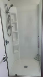 baño con ducha y puerta de cristal en Nature Haven, City Close, en Upper Hutt