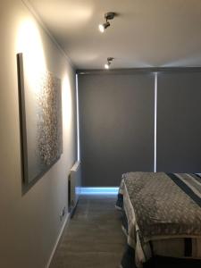 ein Schlafzimmer mit einem Bett und einem Wandgemälde in der Unterkunft Dpto 3P - Barrio Italia - Santiago de Chile in Santiago