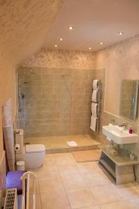 a bathroom with a shower and a toilet and a sink at Whitehouse Country House in Saint Boswells
