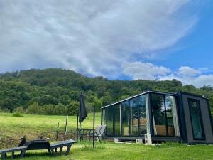 a glass house in a field with a bench at Nimbin waterfall retreat in Nimbin