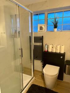 a bathroom with a toilet and a glass shower at Entire house with a large lounge in Leverstock Green