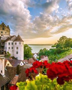 uma vista para uma cidade com um castelo e flores vermelhas em Winzerhäusle Meersburg em Meersburg