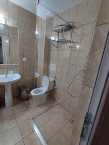 uma casa de banho com um chuveiro, um WC e um lavatório. em Anacor em Dubova