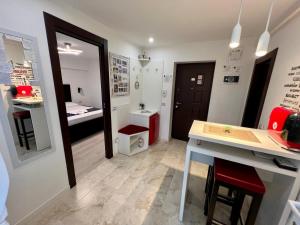 a small room with a kitchen and a bathroom at Garsoniera SARA in Târgu Jiu