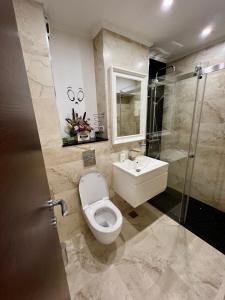 a bathroom with a toilet and a sink and a shower at Garsoniera SARA in Târgu Jiu