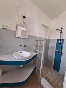 La salle de bains est pourvue d'un lavabo et d'une douche. dans l'établissement Maison Tamarin - Riviere Noire pour 5 personnes, à Rivière Noire