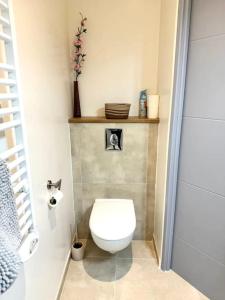 a bathroom with a white toilet in a room at Belle Étoile et son Garage privé in Albertville