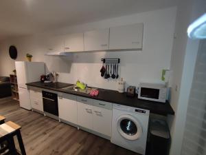 a kitchen with a washing machine and a microwave at Appartement 1 ch Zegerscappel in Zeggers-Cappel