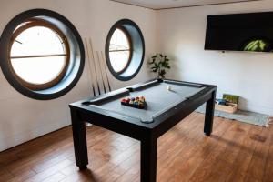 Botel Marina في براغ: طاولة بلياردو في غرفة بها نافذتين