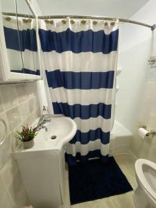 baño con lavabo y cortina de ducha en Spacious perfect 2BR in prime location, en Kingston