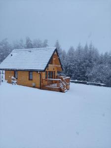 a log cabin in the snow with a snow covered yard at Domeczek Tymoneczek in Ustrzyki Dolne
