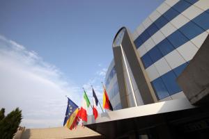 um grupo de bandeiras internacionais em frente a um edifício em Executive Bergamo em San Paolo D'Argon