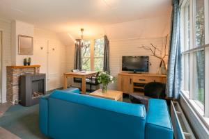 Una sala de estar con un sofá azul y un televisor. en Summio Vakantiepark Herperduin, en Herpen