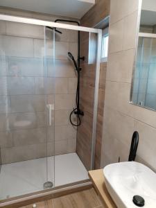 een douche met een glazen deur naast een wastafel bij Prenoćište Skitnica Kapronca in Koprivnica