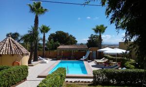 a swimming pool in a yard with palm trees at Alojamiento el Chaparro Barbate junto a la venta el loro in Barbate