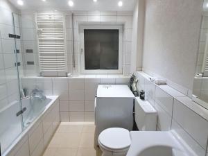 a white bathroom with a toilet and a sink at Cozy Apartments in Limeshain in Hainchen