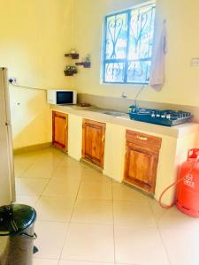 a kitchen with wooden cabinets and a window at Ukali ukalini homes in Sanya Juu