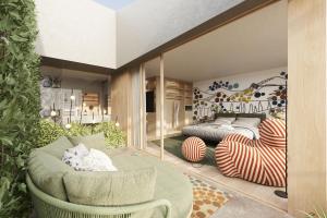 1 dormitorio con 2 camas, mesa y sillas en Pachers - your inspiring place, en Bresanona