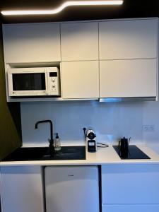 a kitchen with a sink and a microwave at Appartement au centre-ville à 100 m des télécabines avec parking souterrain gratuit in Luchon