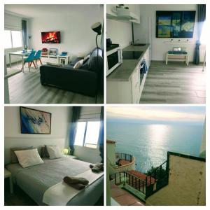 un collage di 4 immagini di una camera da letto e di un soggiorno di Loft espectacular vista al mar a Sitges