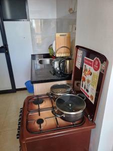 a kitchen with a stove with pots and pans on it at Studio Apartment in Nairobi