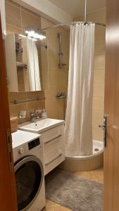 a bathroom with a washing machine next to a shower at cream apartment in Banja Luka