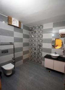 a bathroom with a toilet and a sink and a shower at The Vanashva in Tehla