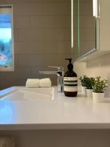 a bottle of soap sitting on a bathroom sink at The Fit’ house in Crans-Montana