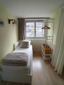 een kleine slaapkamer met een bed en een raam bij Chalet Bruyère in Cauterets