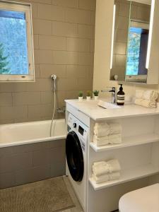 y baño con lavadora y lavamanos. en The Fit’ house en Crans-Montana