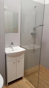 a white bathroom with a sink and a shower at StarBal in Radom