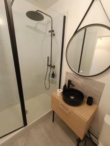 a bathroom with a mirror and a sink and a shower at Le Yellow Corner - Place Ney in Angers +12 photos
