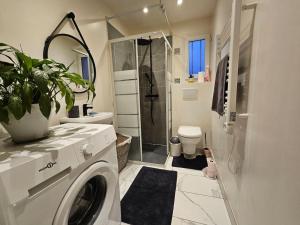 a bathroom with a washing machine and a toilet at Appartement Proche Aéroport CDG in Vaujours