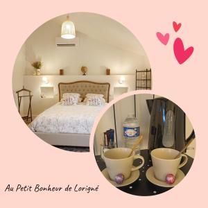 Apartamento dormitorio con cama y espejo en Chambre d'hôtes Au Petit Bonheur, en Lorigné