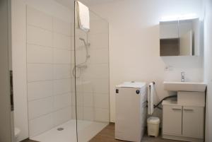 La salle de bains blanche est pourvue d'une douche et d'un lavabo. dans l'établissement STAGE4, à Feldkirch