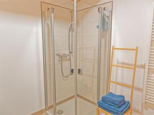 een douche met een glazen deur in de badkamer bij NEU! Ferienwohnung Junge 4 in Lohe-Rickelshof