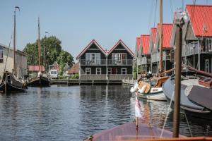 a group of boats docked in a harbor with houses at Summio Havenresort Terherne in Terherne