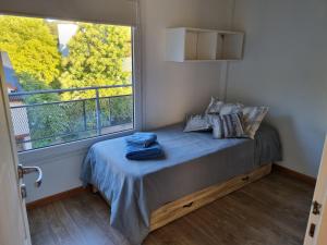 1 dormitorio con 1 cama y ventana grande en Mirando al sur en San Martín de los Andes