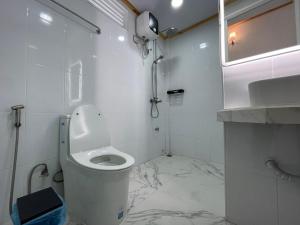 a white bathroom with a toilet and a sink at Dacha Thoddoo White Sand in Thoddoo