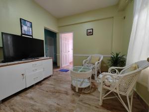 a living room with chairs and a flat screen tv at The Ark Guest House - Shillong in Shillong